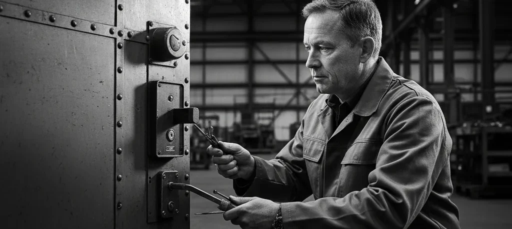 Maintenance des portes en zone industrielle Un serrurier manipule des outils près d'une grande porte dans un environnement industriel.