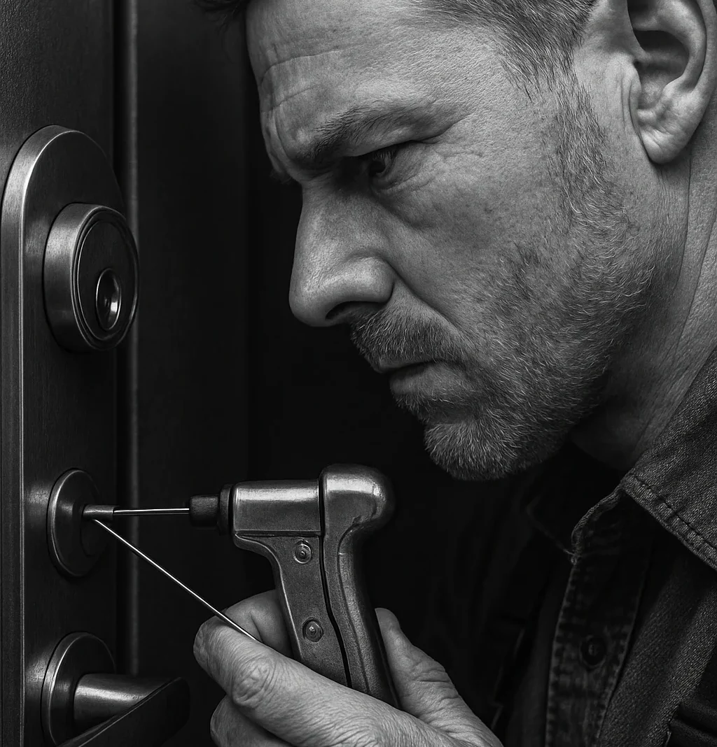 Ouverture sans destruction de la serrure Un serrurier concentré utilise un outil de crochetage sur une serrure.