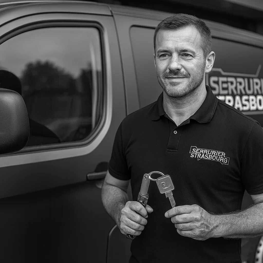 Serrurier qualifié Serrurier souriant tenant des clés, devant un véhicule de serrurerie.