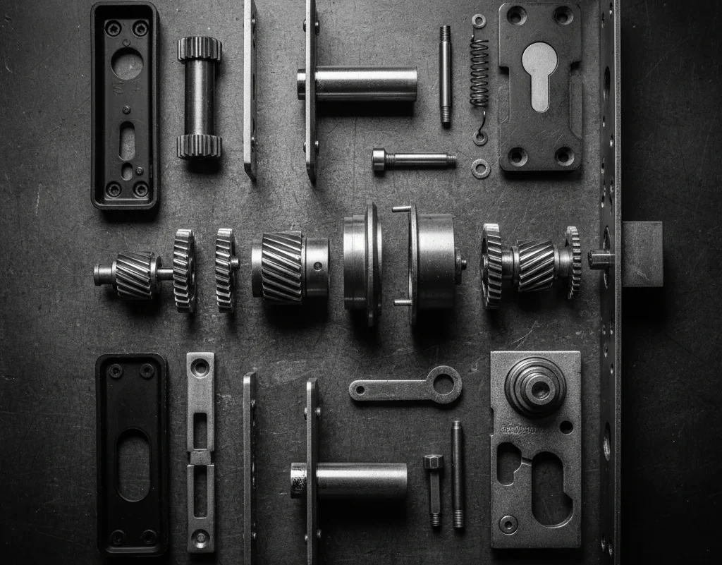 Réparation des serrures Divers outils et pièces de serrurerie disposés de manière organisée sur une surface sombre.